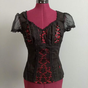 Tripp nyc Black & Red Floral Lace Puff Sleeve Top